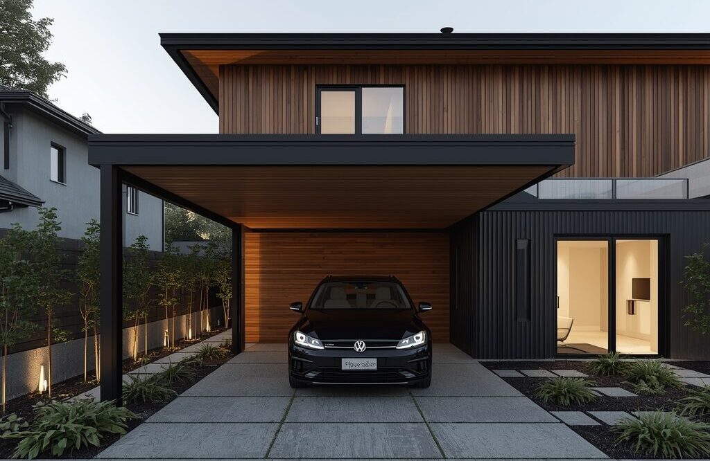 Moderner Carport aus Holz und Metall mit integrierter Beleuchtung – individuelle Carportlösung für Zuhause
